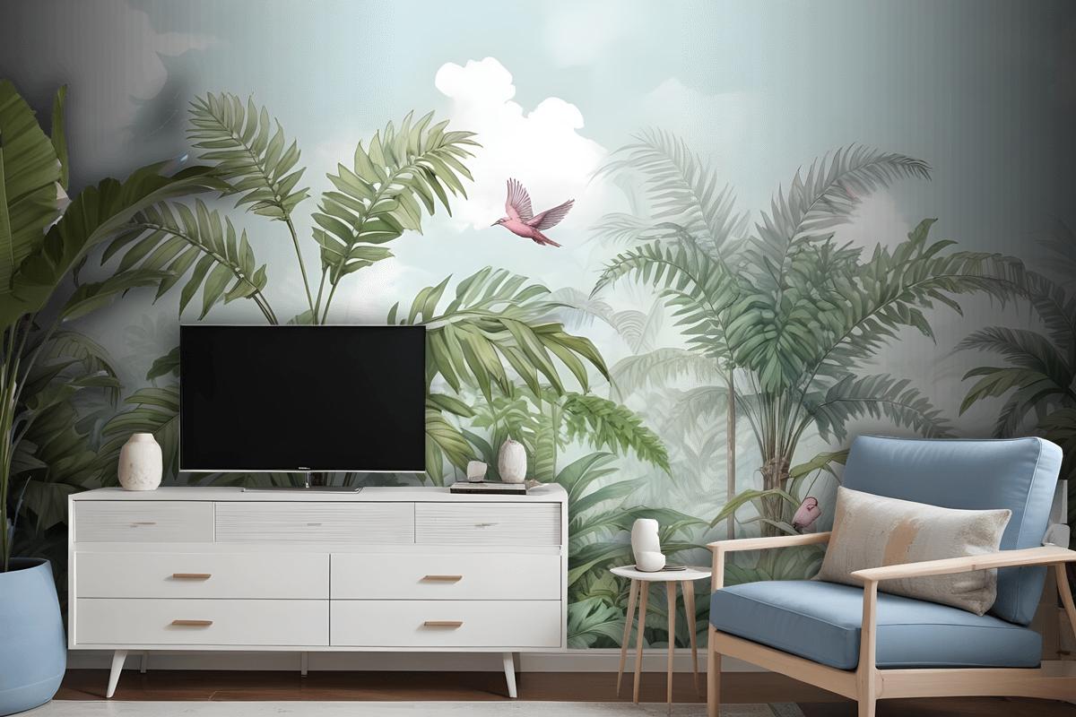 Tropical Leaves With Birds And Florals Wallpaper Mural