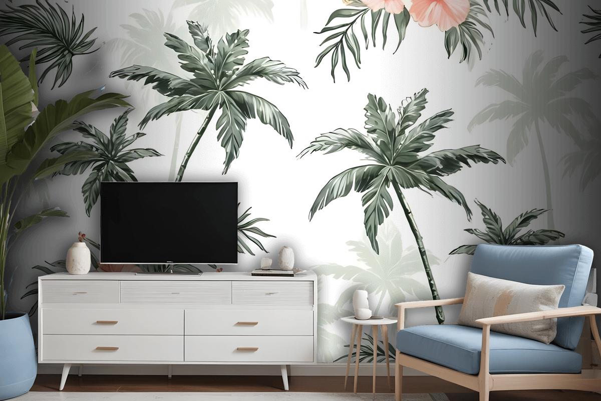 Tropical Palm Tree With Mirabilis Floral Pattern Wallpaper Mural