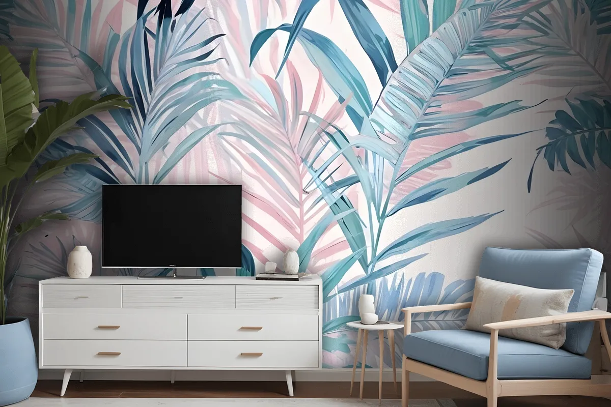 Tropical Pink Exotic Colorful Palm Leaf Wallpaper Mural