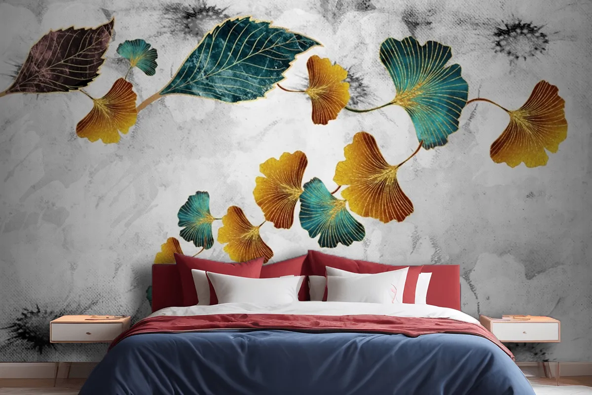 Turquoise And Golden Ginkgo Leaves In Light Gray Canvas Paint Wallpaper Mural