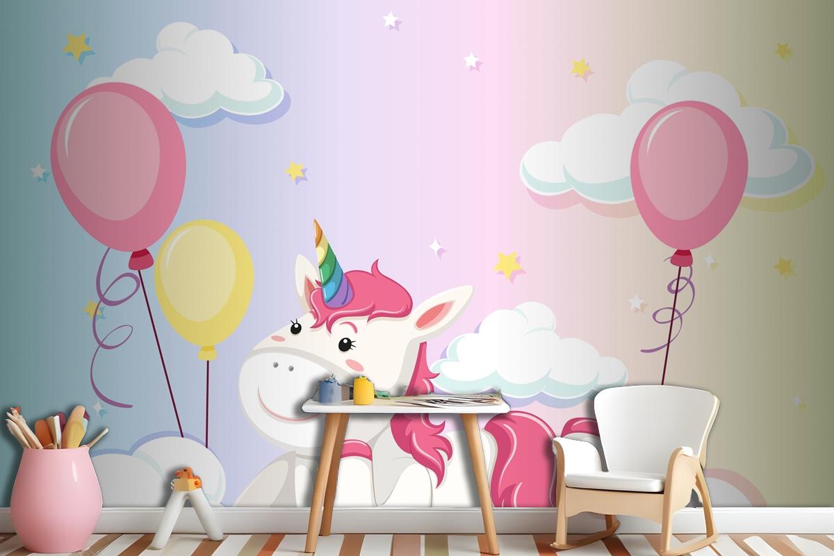 Unicorn Lay On The Cloud On Colorful Pastel Sky Background Wallpaper Mural