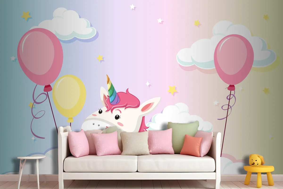 Unicorn Lay On The Cloud On Colorful Pastel Sky Background Wallpaper Mural