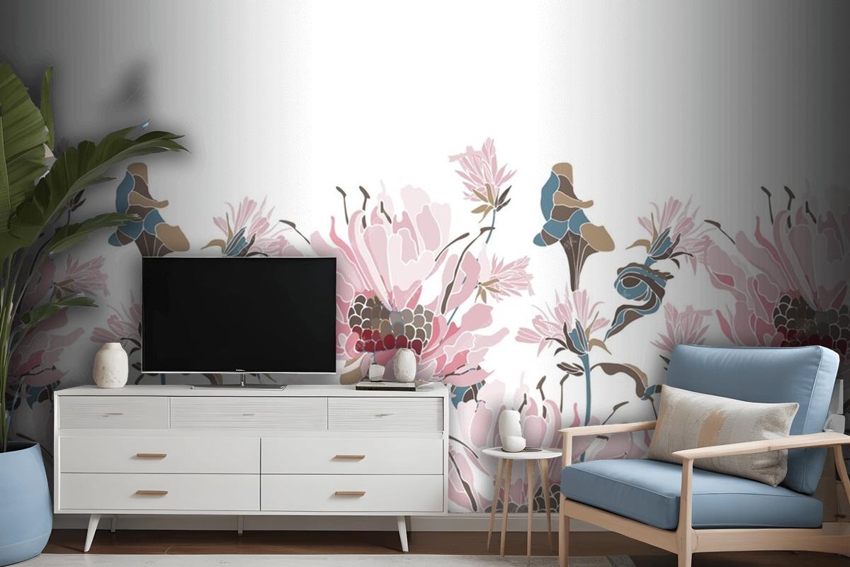 Pink Flowers Herbs Wallpaer Mural