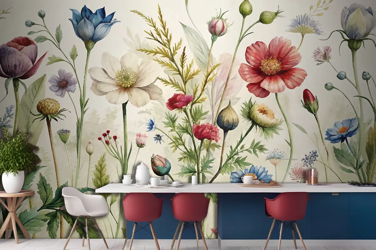 Vintage Botanical Style Wildflower Watercolor Wallpaper Mural