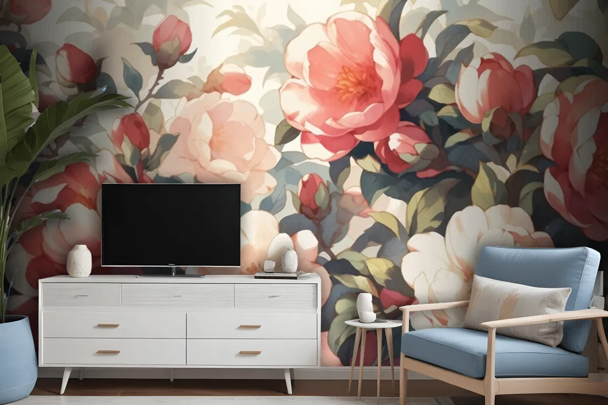 Vintage Camellia Pattern With White Background Wallpaper Mural