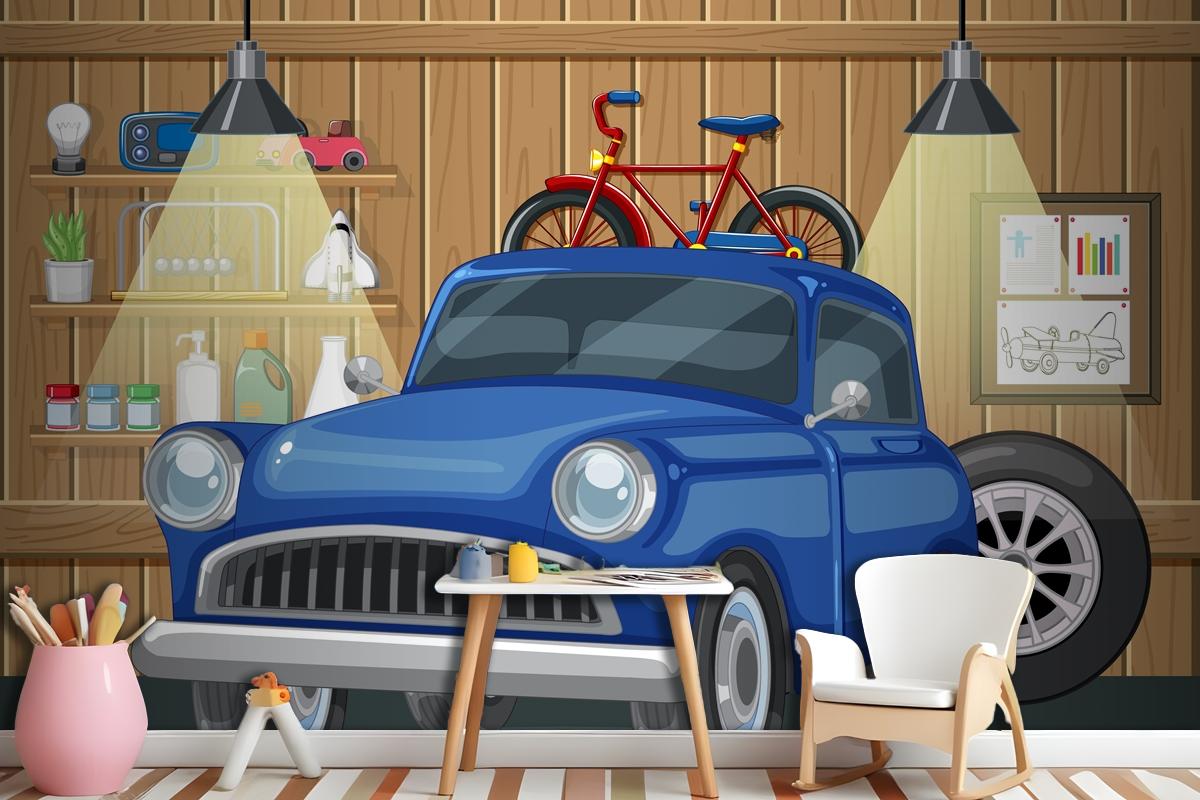 Vintage Car And Bicycle In Wooden Garage Wallpaper Mural