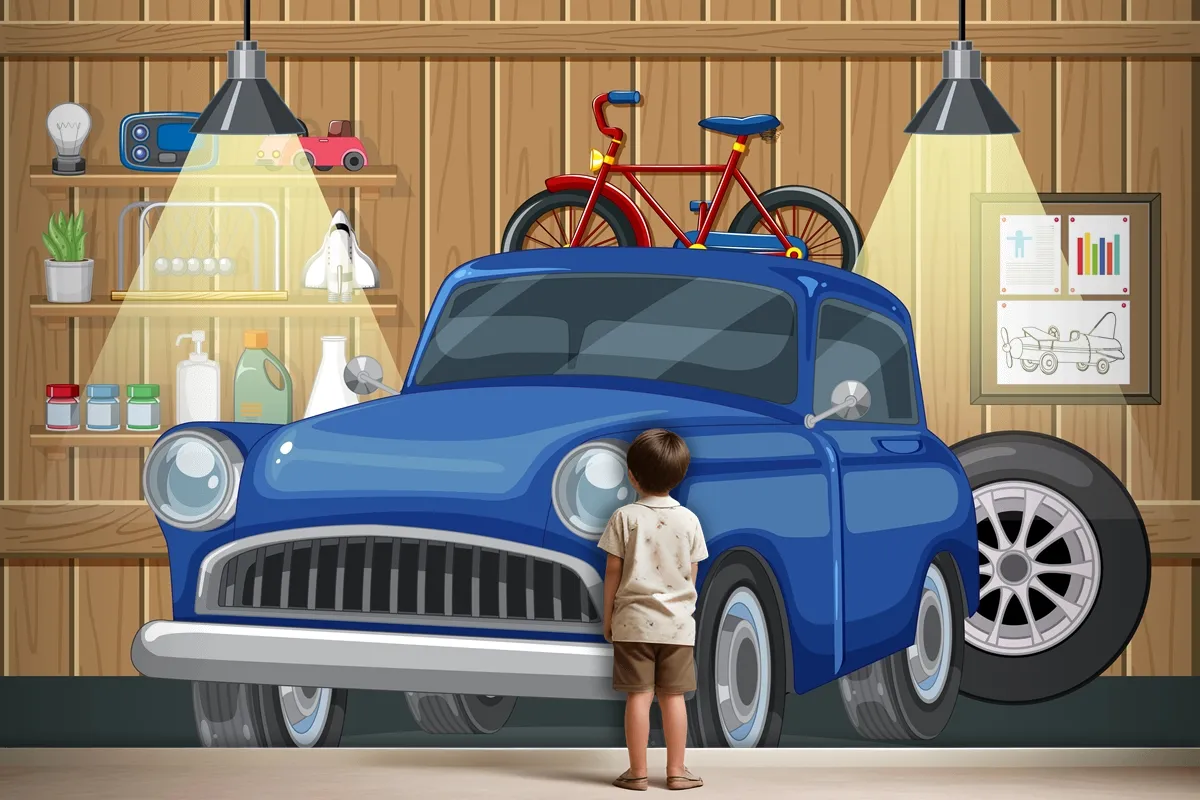 Vintage Car And Bicycle In Wooden Garage Wallpaper Mural