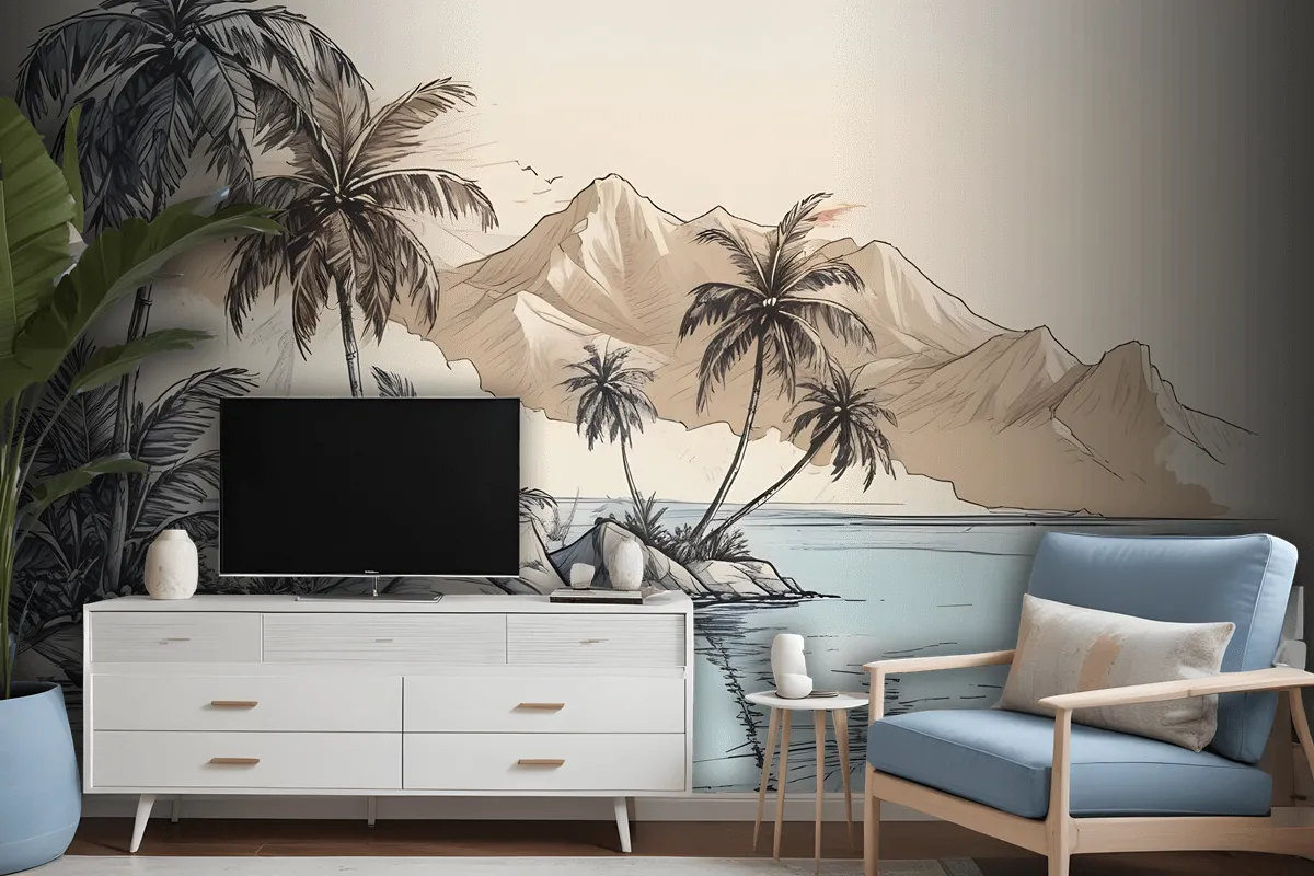 Vintage Charcoal Tropical Palm Tree And Summer Beach Wallpaper Mural