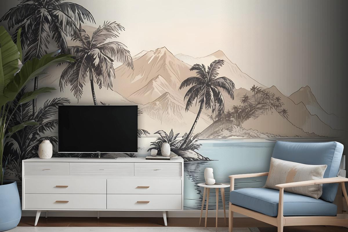 Vintage Charcoal Tropical Palm Tree And Summer Beach Wallpaper Mural