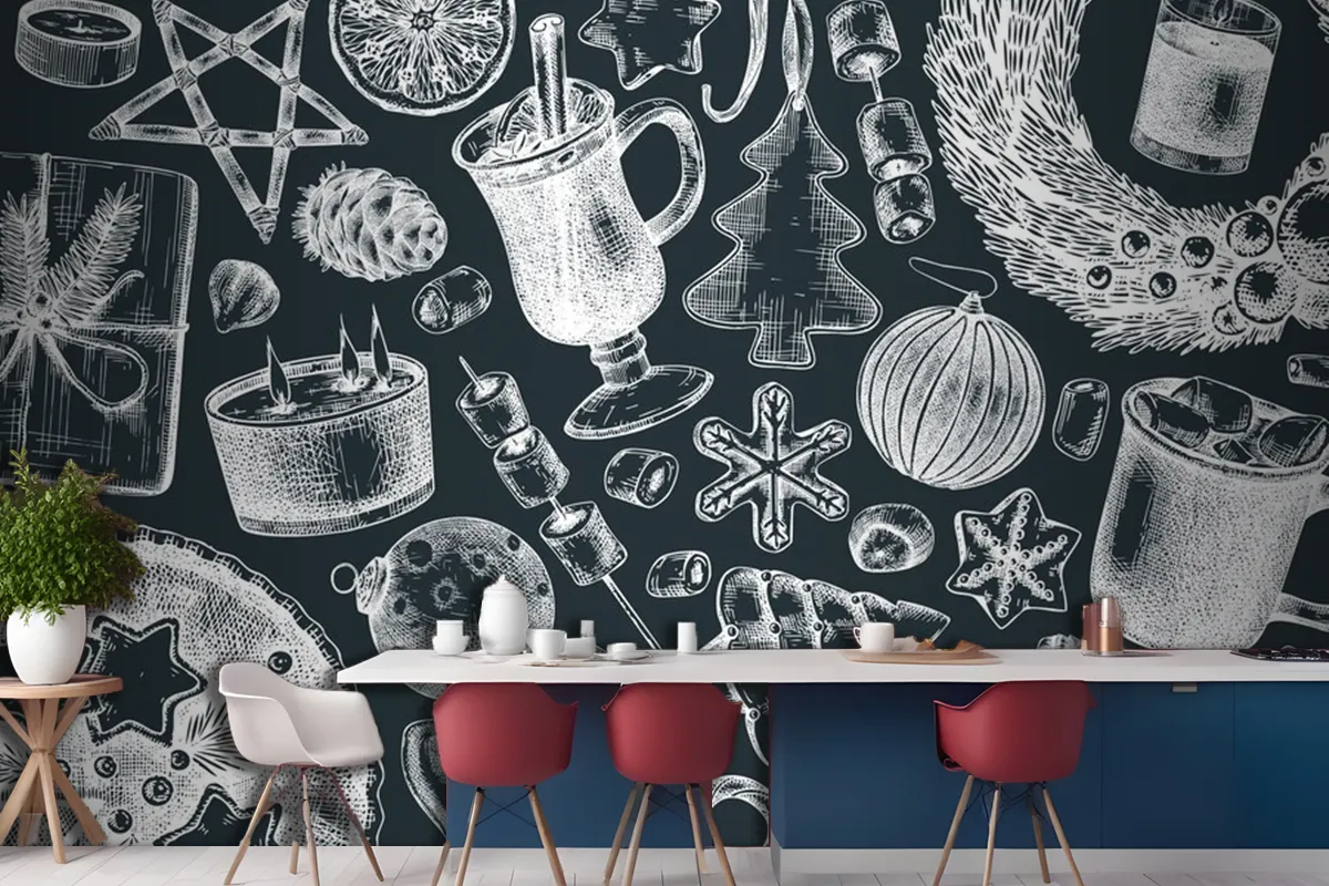 Vintage Christmas Banner Design On A Chalkboard Handsketched Holiday Wallpaper Mural