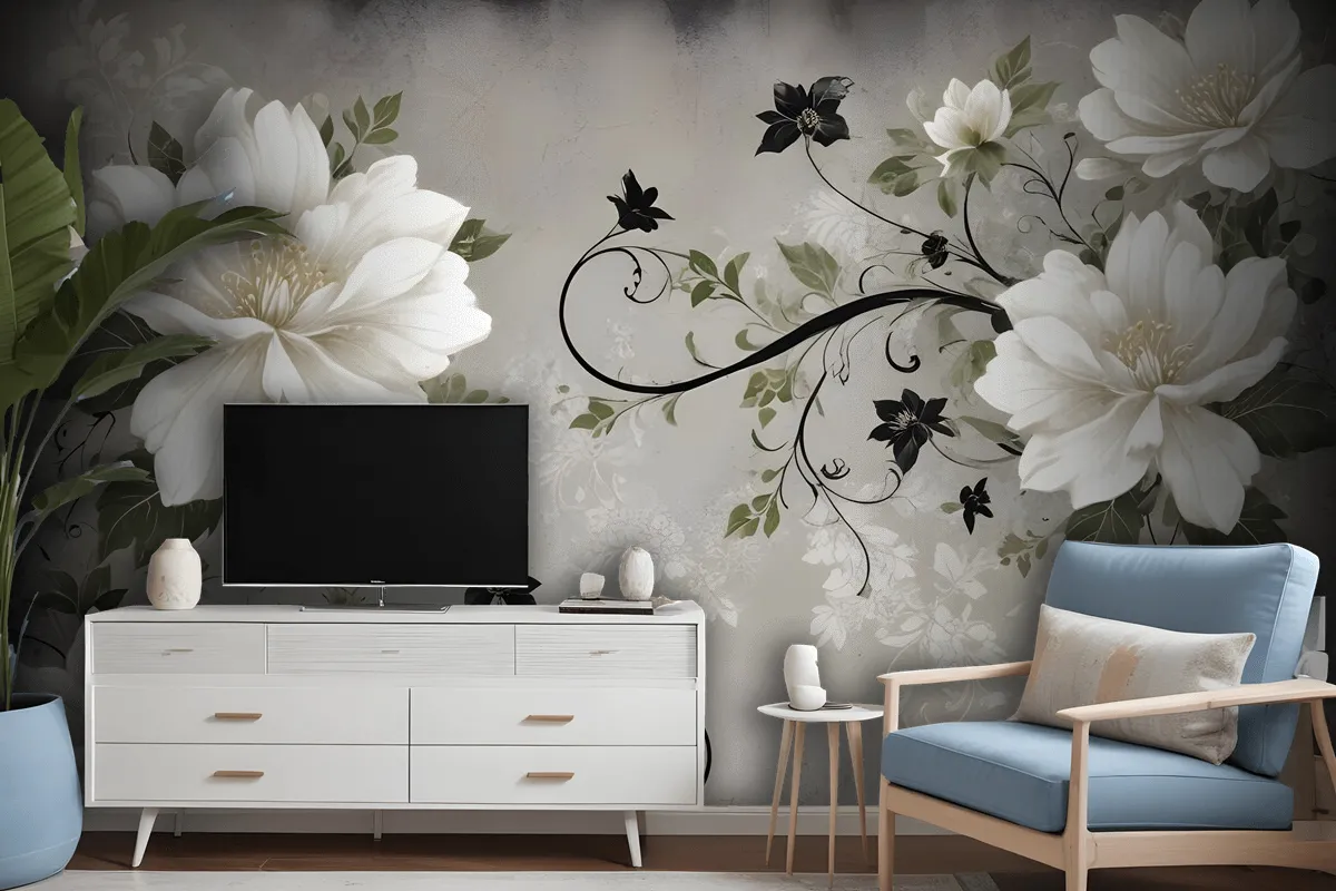 Vintage Cream Flowers Art Wallpaper Mural