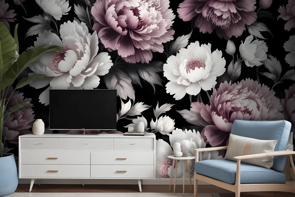 Vintage Dark Large Peony Flower Wallpaper Mural