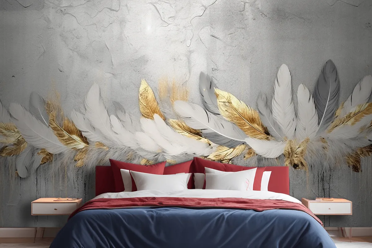 Vintage Feathers Blue Gold Brushstrokes Wallpaper Mural