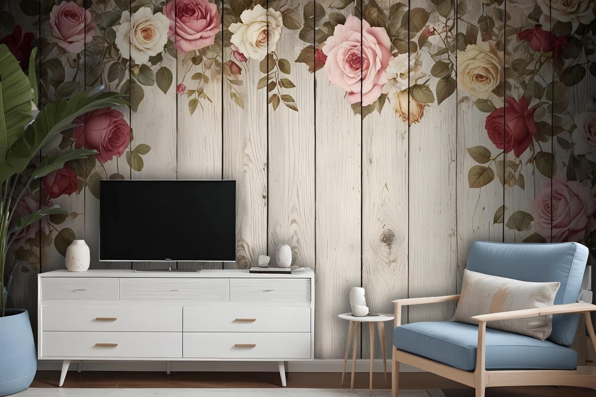 Vintage Floral With Wood Wall Wallpaper Mural