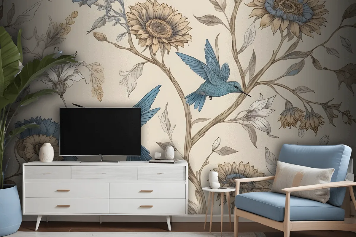 Vintage Flower With Hummingbird Wallpaper Mural