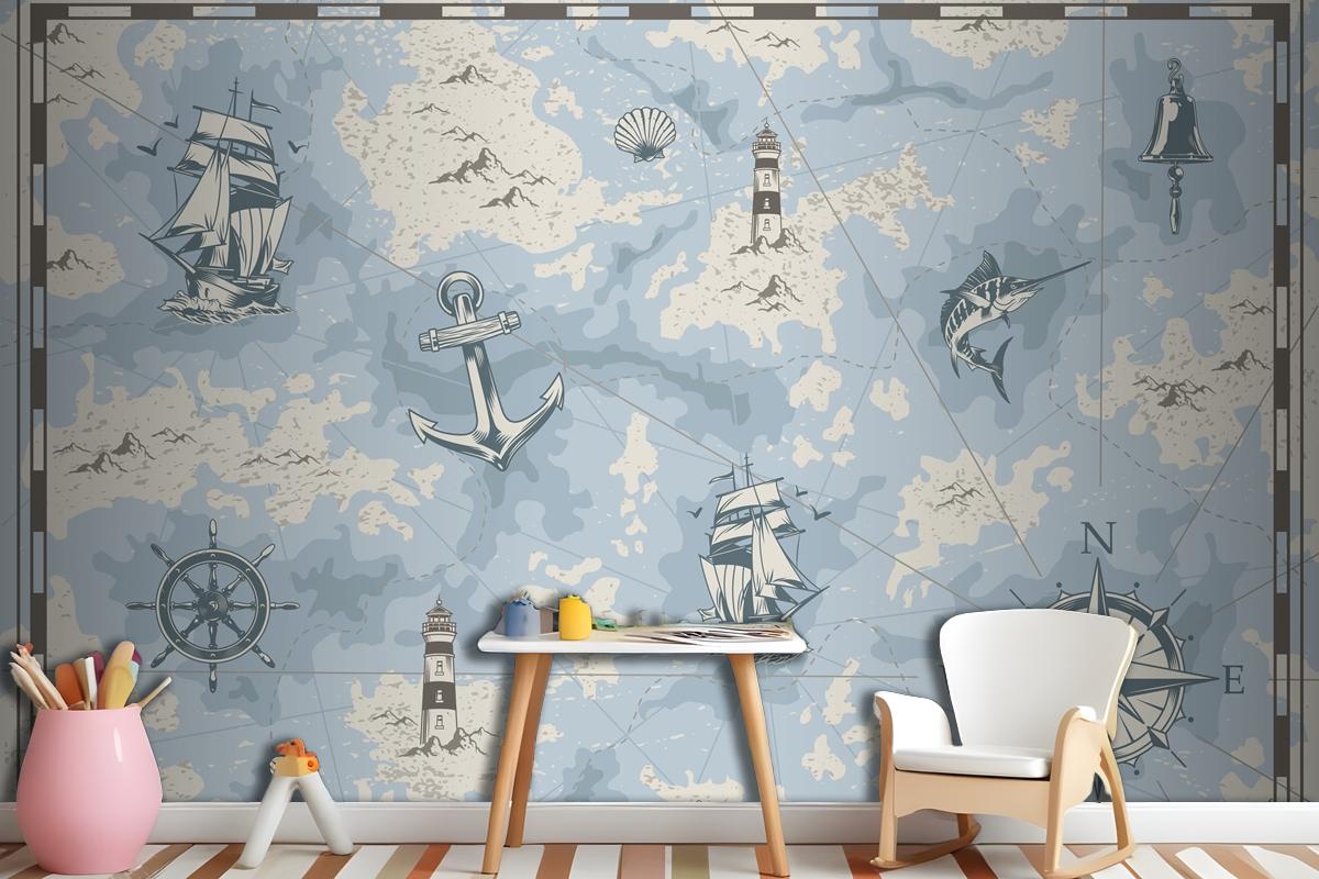 Vintage Nautical Old Map Wallpaper Mural