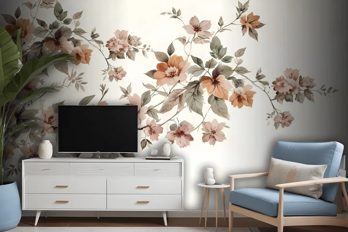 Vintage Orange Brown Flowers Wallpaper Mural