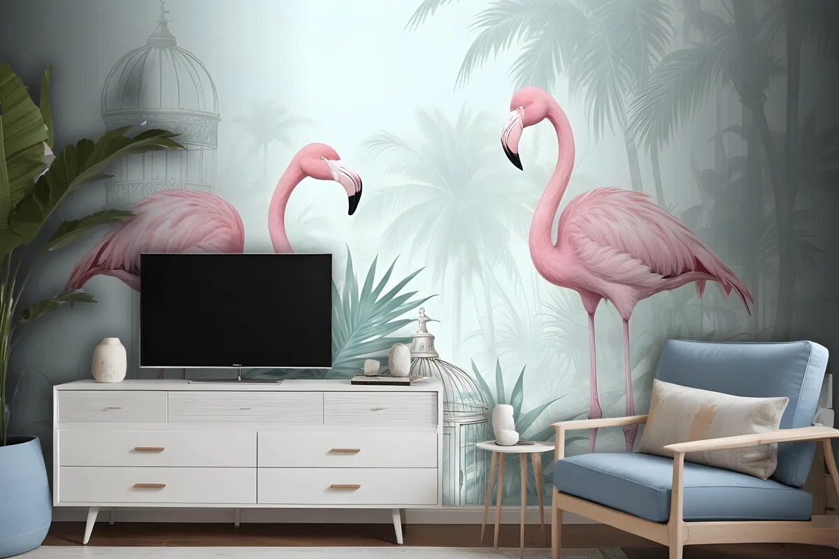 Vintage Pink Flamingo With Tropical Leaves Wallpaper Mural