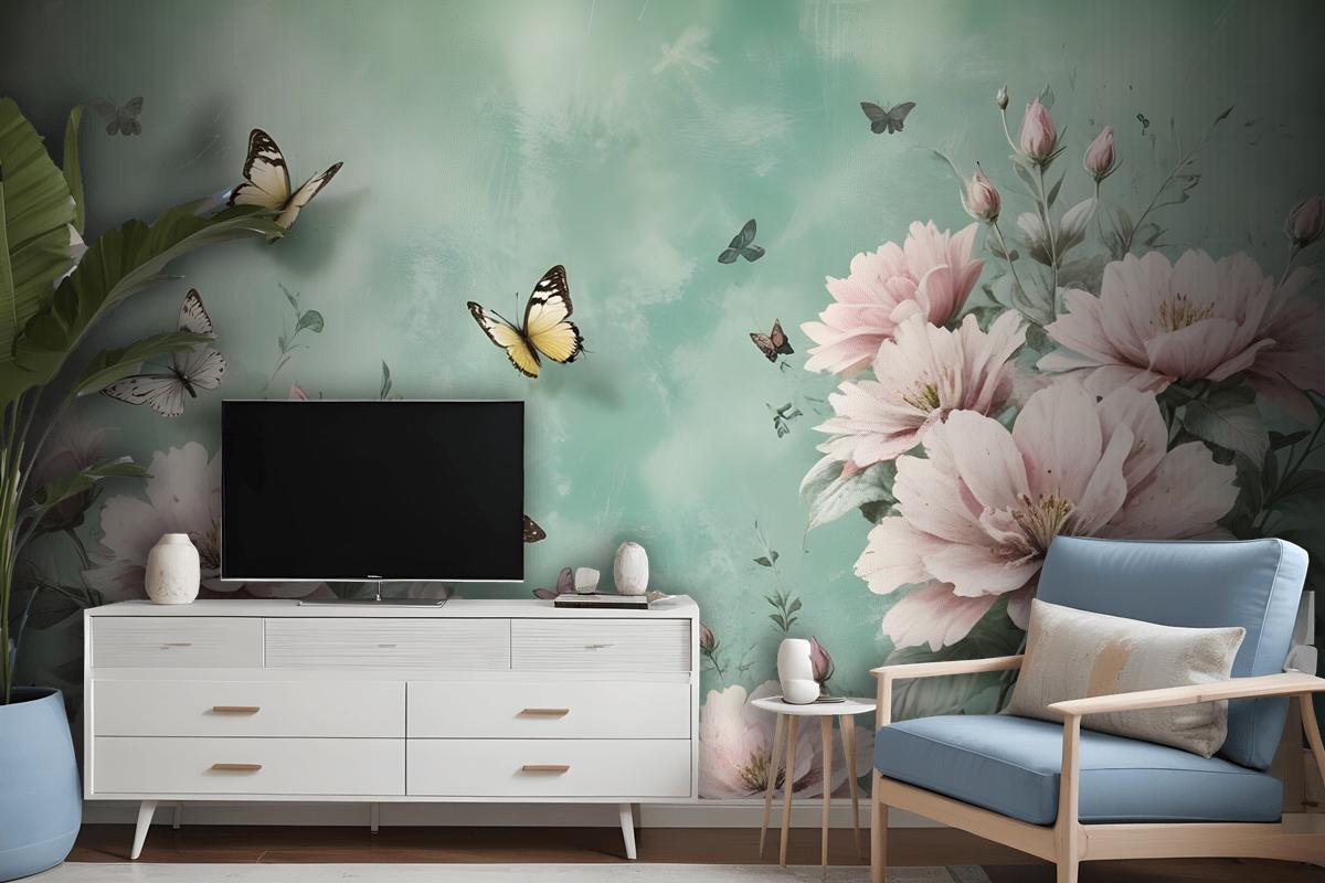 Vintage Pink Floral And Yellow Butterfly Wallpaper Mural