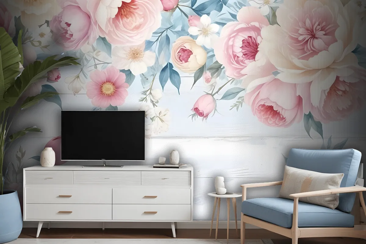 Vintage Watercolor Pink Flowers Wallpaper Mural