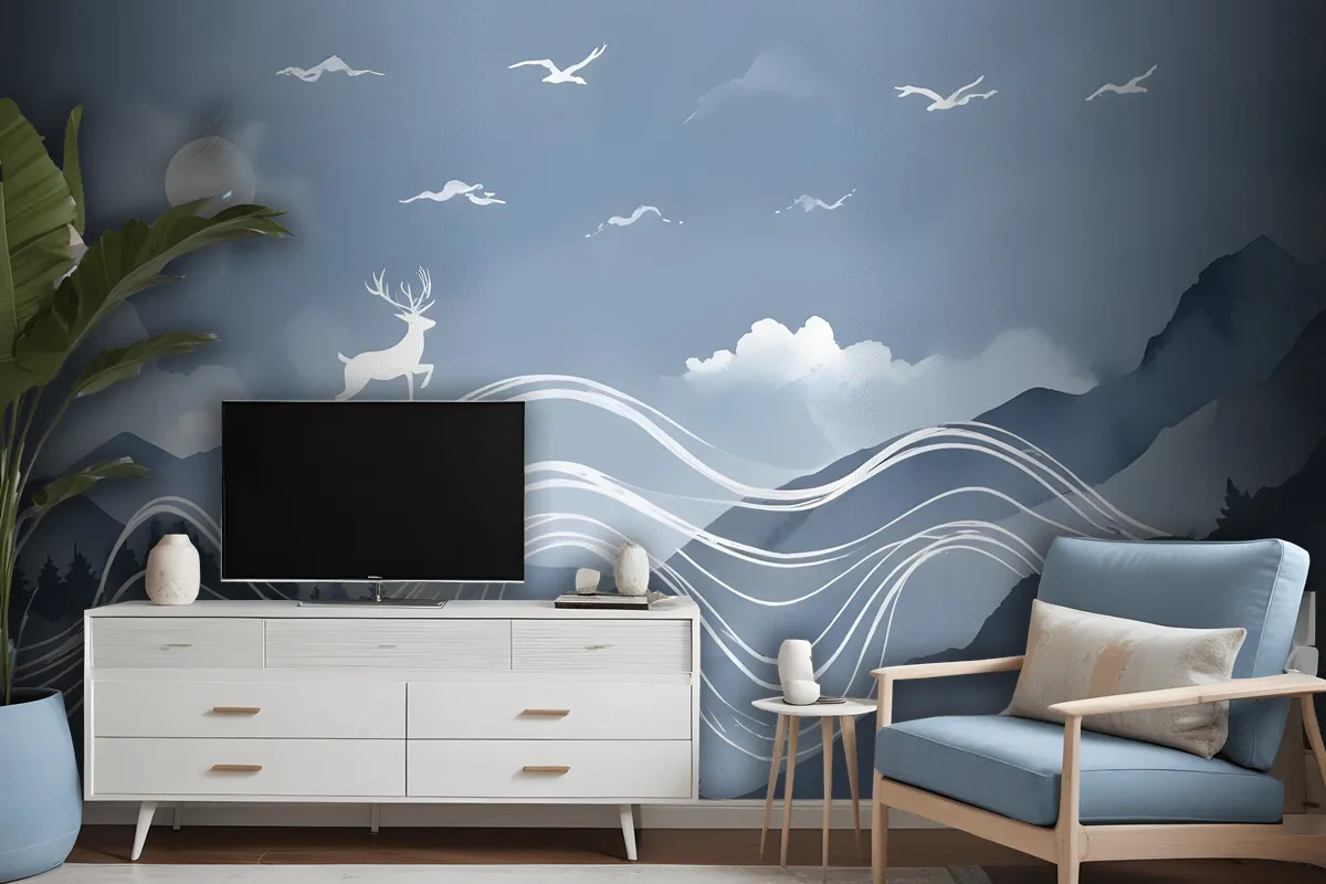 Watercolor Abstract Lines And Horned Deer Wallpaper Mural