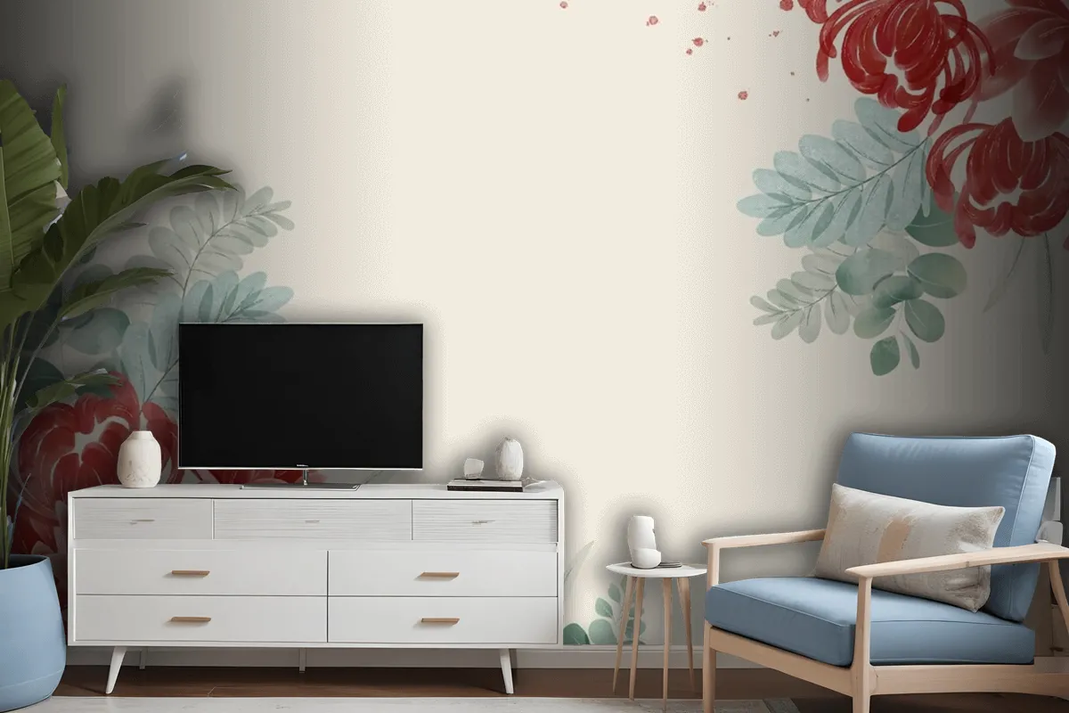 Watercolor Asian Flowers Wallpaper Mural