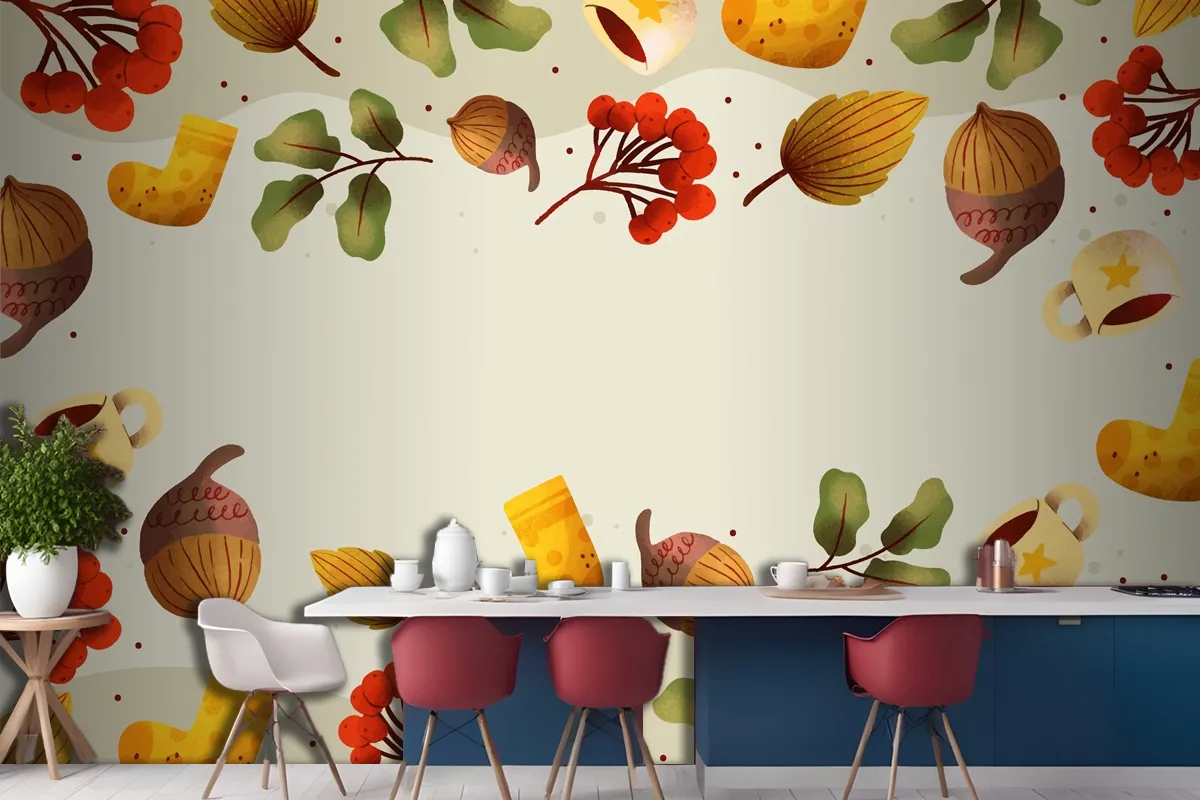 Watercolor Autumn Kitchen Wallpaper Mural