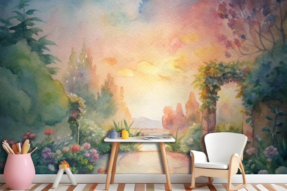 Watercolor Background Featuring A Flower Garden Wallpaper Mural