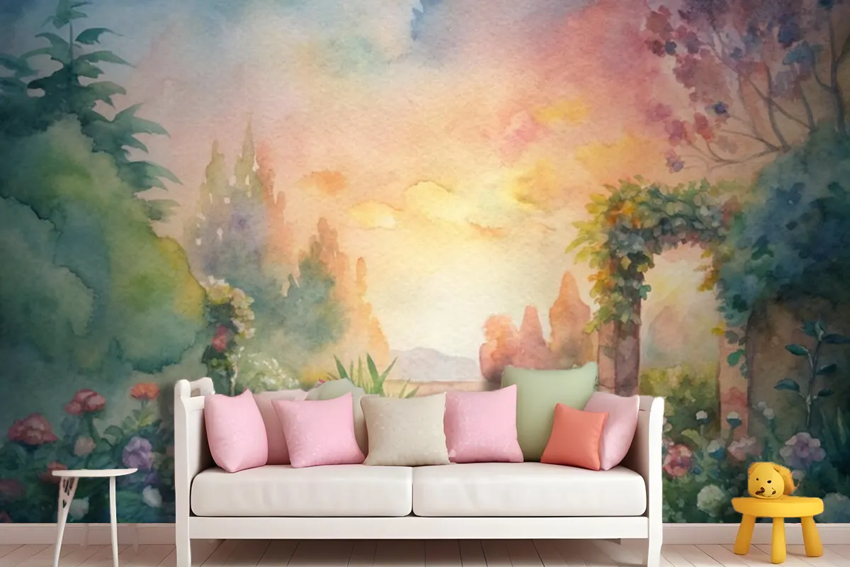 Watercolor Background Featuring A Flower Garden Wallpaper Mural