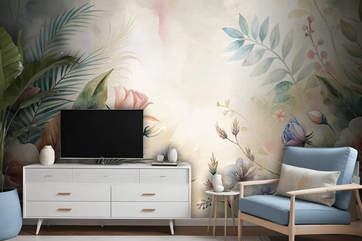 Watercolor Background Featuring Beautiful Flowers Wallpaper Mural