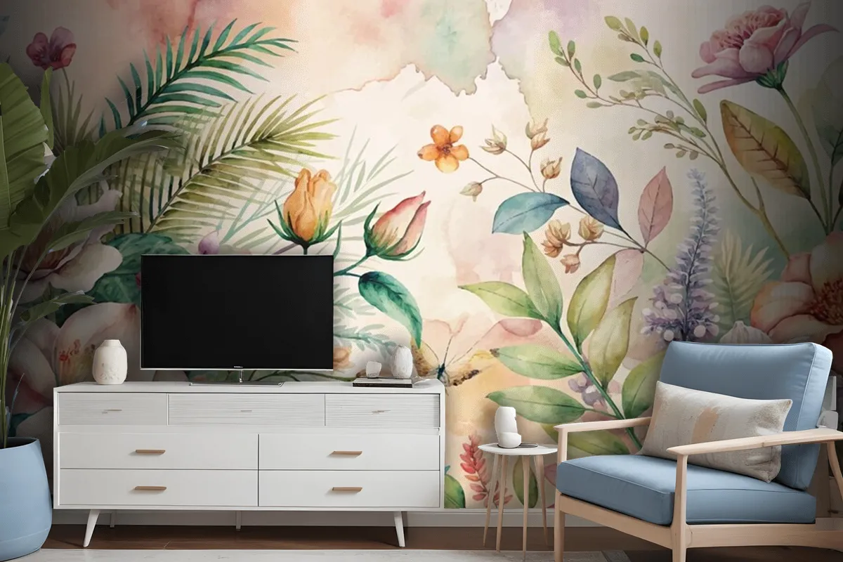 Watercolor Background Featuring Flowers And Lush Plants Wallpaper Mural