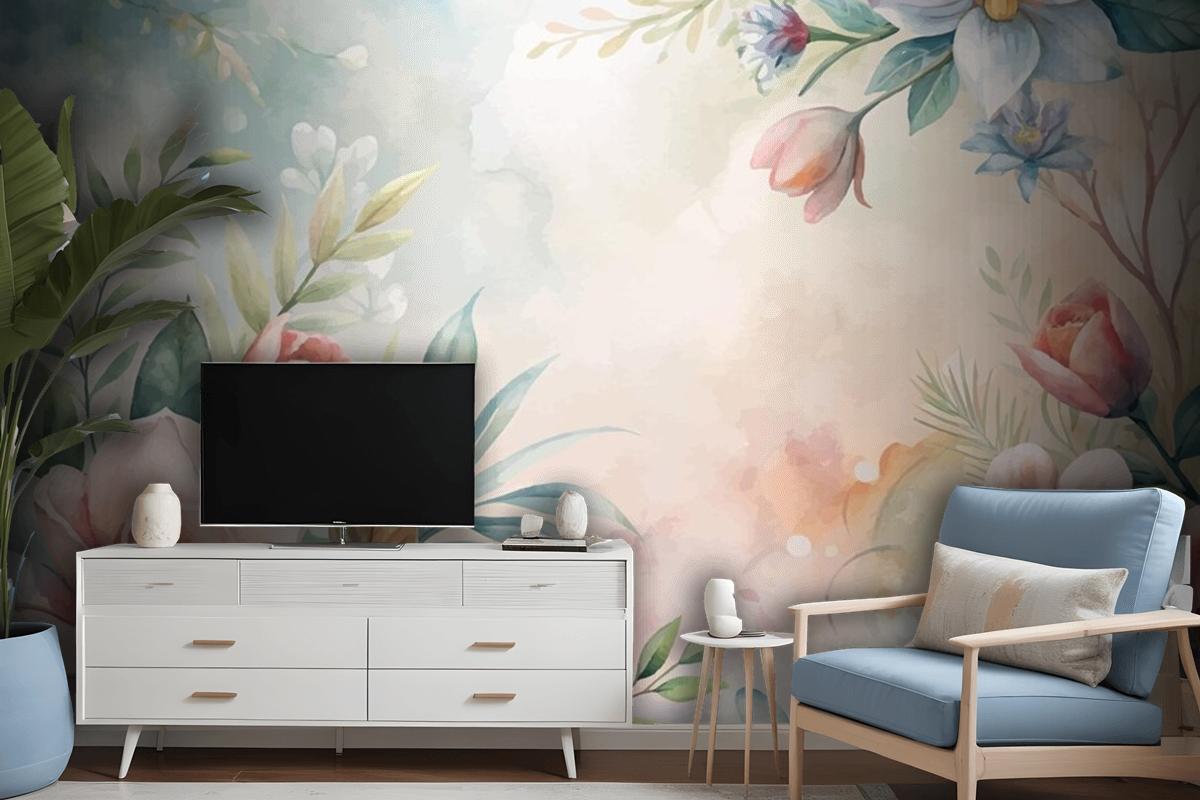 Watercolor Background Of Lush Flowers And Leaves Wallpaper Mural