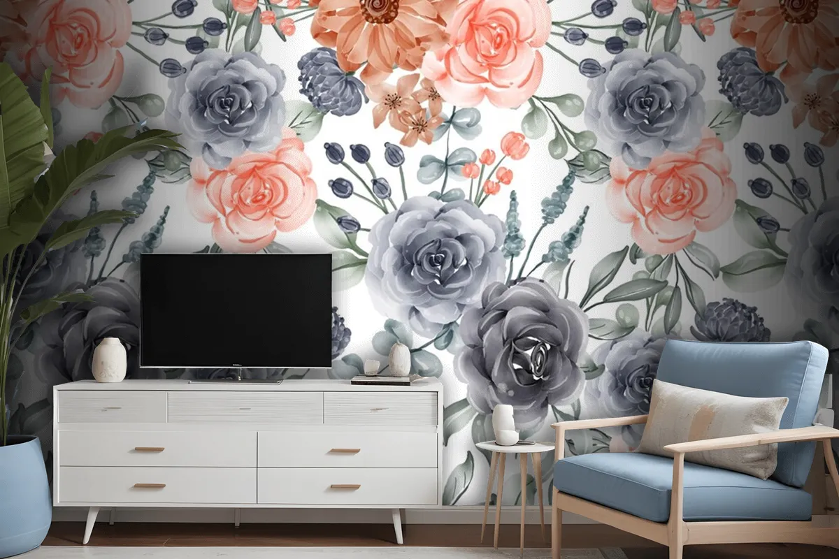 Watercolor Background Seamless Pattern Flower Navy And Peach Wallpaper Mural