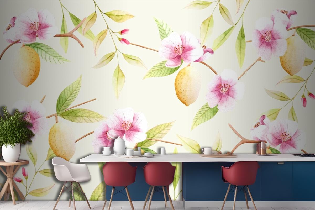 Watercolor Background With Florals Kitchen Wallpaper Mural