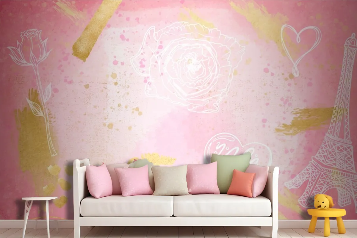 Watercolor Background With Hand Drawn Elements Girl Wallpaper Mural