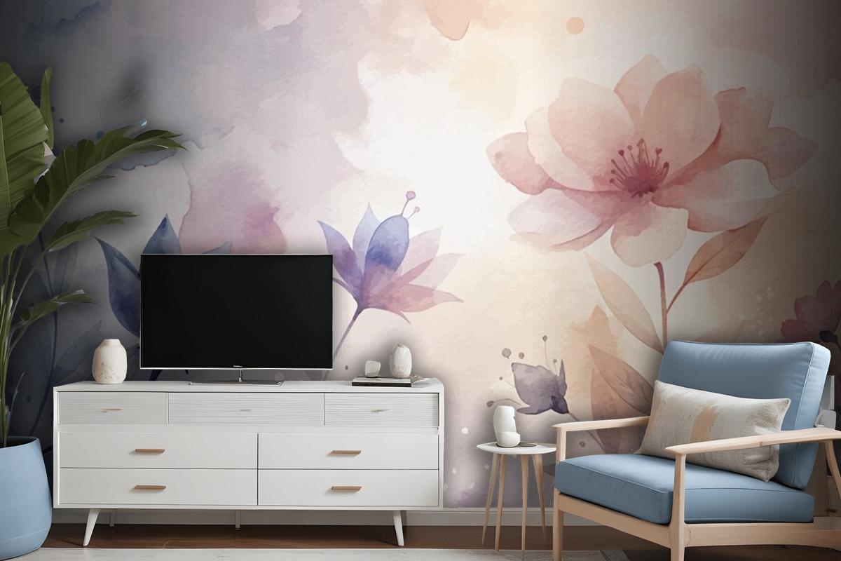 Watercolor Background With Minimalist Soft Silhouette Flowers Wallpaper Mural