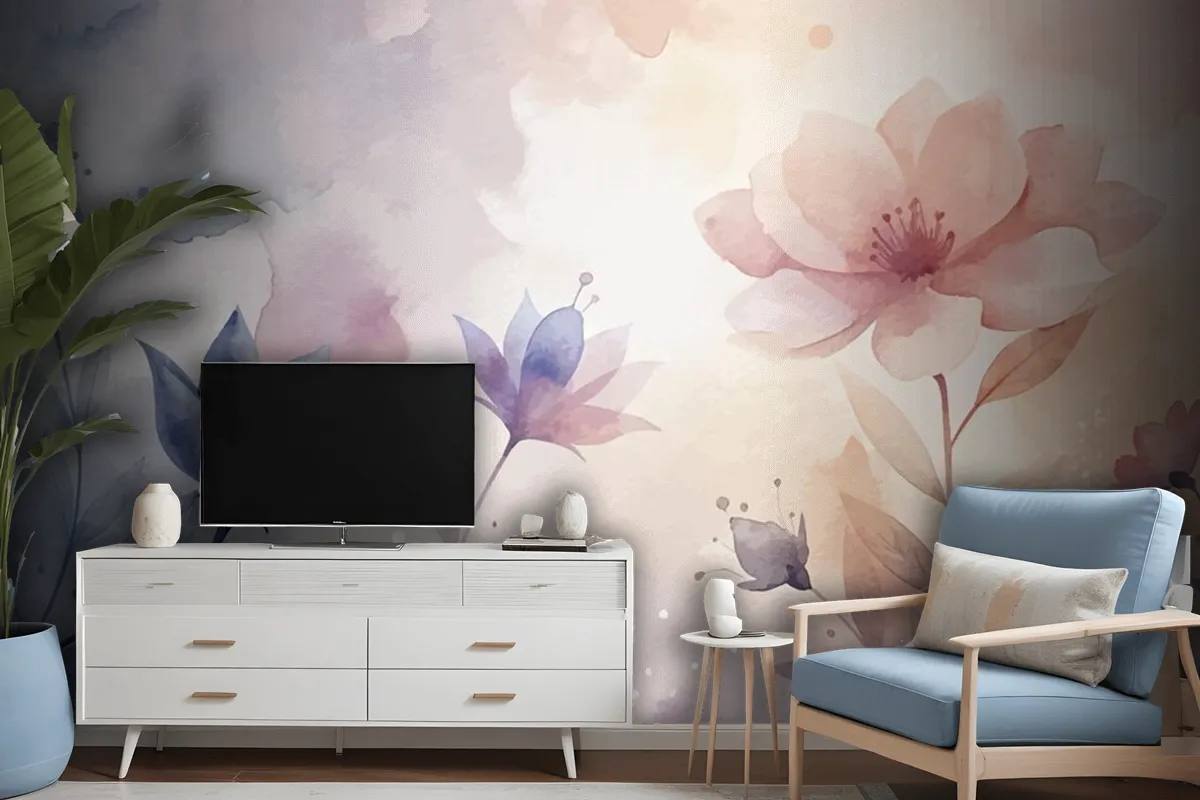 Watercolor Background With Minimalist Soft Silhouette Flowers Wallpaper Mural