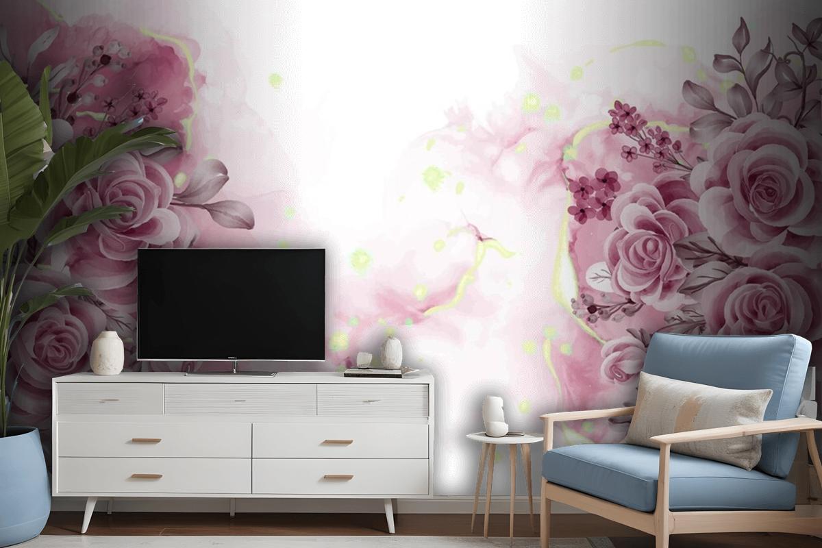 Watercolor Background With Rose Gold Flowers And Leaves Wallpaper Mural