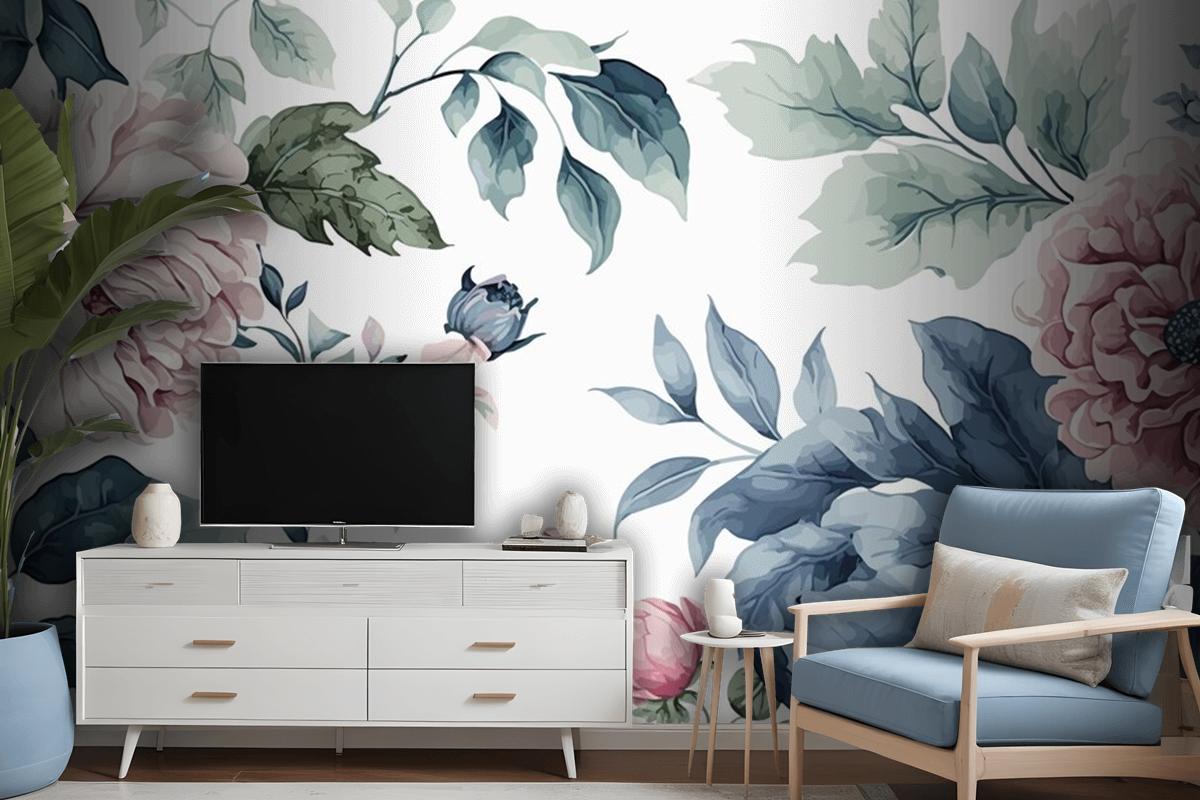 Watercolor Blue And Pink Floral Pattern Wallpaper Mural