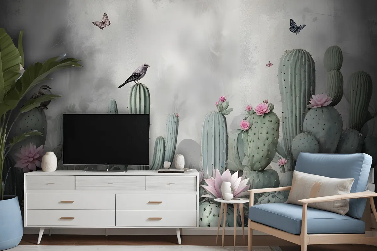 Watercolor Cactus With Flowers Wallpaper Mural