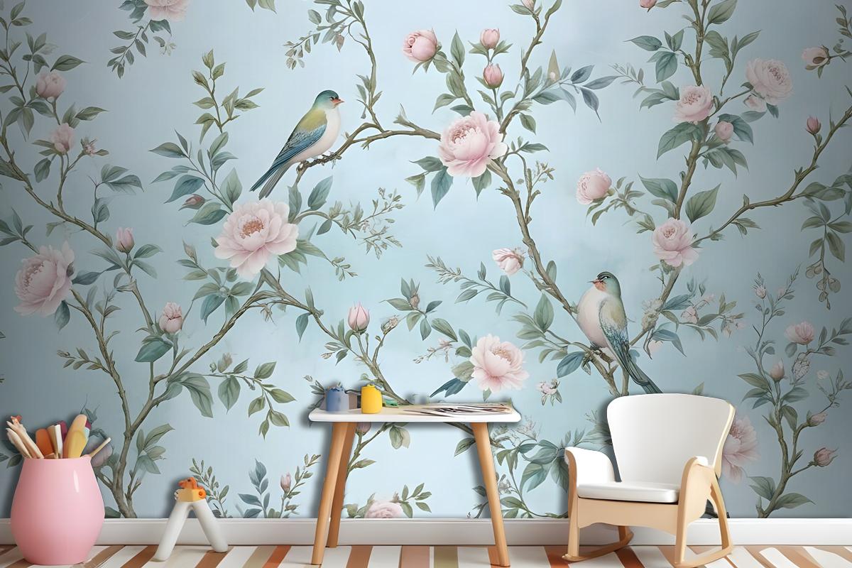 Watercolor Chinoiserie Floral Peony Blossom Wallpaper Mural