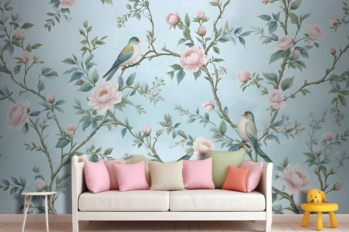 Watercolor Chinoiserie Floral Peony Blossom Wallpaper Mural