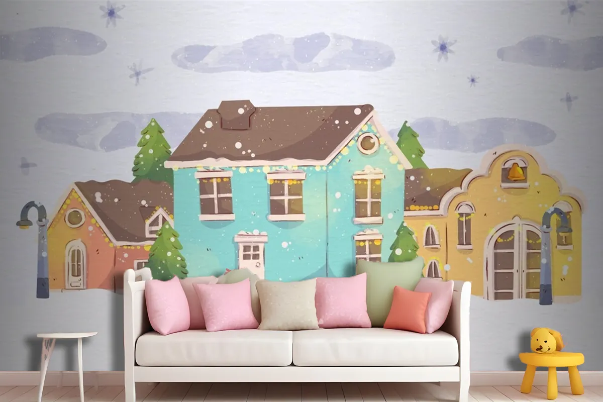 Watercolor Christmas Town Wallpaper Mural