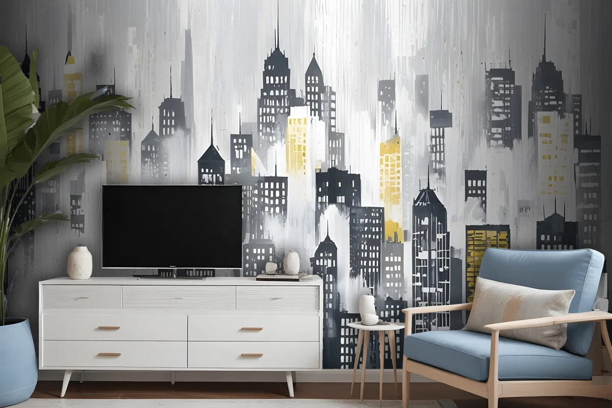 Watercolor City Silhouette Wallpaper Mural