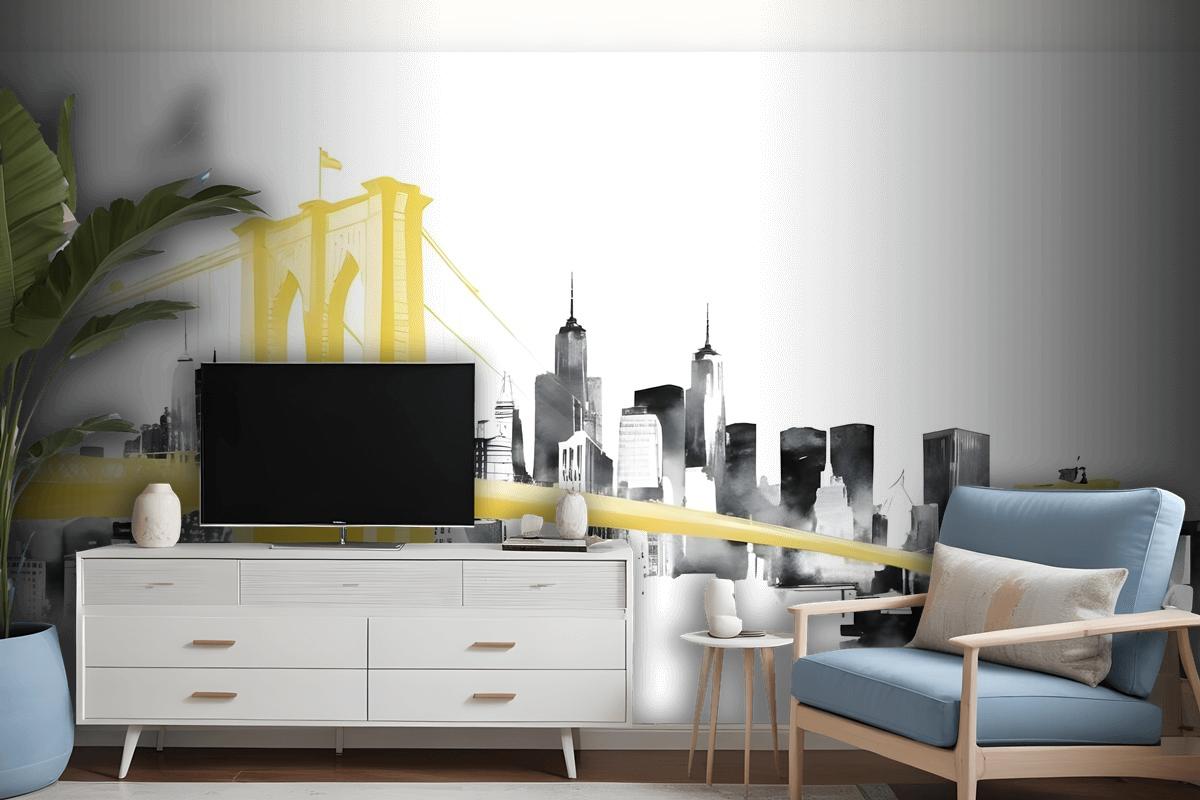 Watercolor City With Brooklyn Bridge Wallpaper Mural