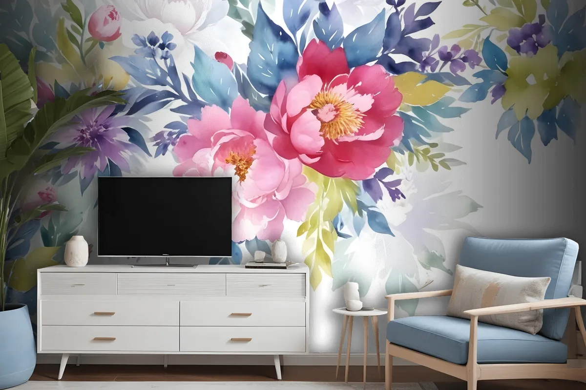 Watercolor Colorful Peony Flowers Wallpaper Mural