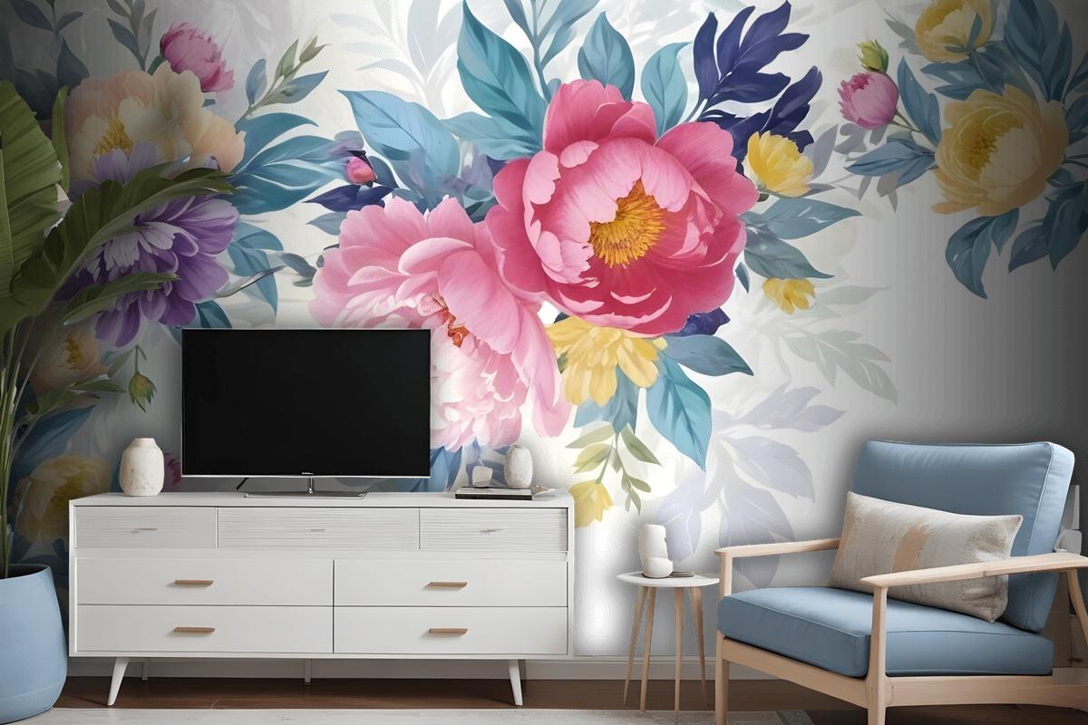 Watercolor Colorful Peony Flowers Wallpaper Mural