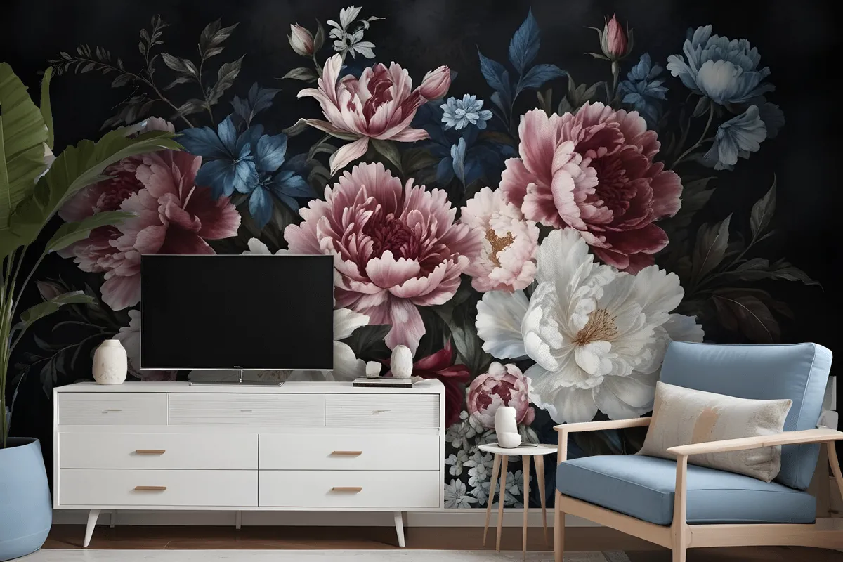 Watercolor Dark Peony Floral Wallpaper Mural