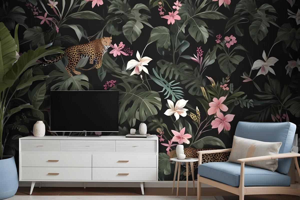 Watercolor Dark Tropical Art With Leopard Wallpaper Mural