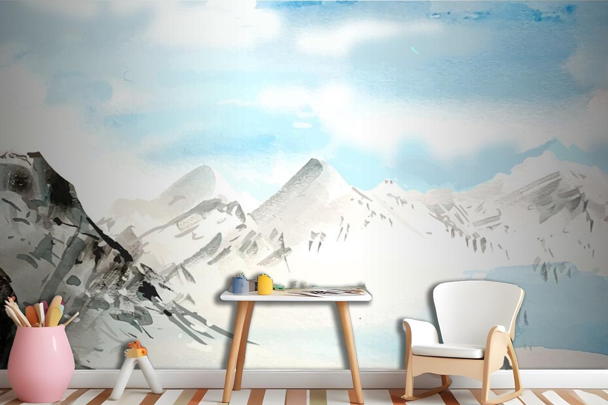 Watercolor Daytime Mountains Background Wallpaper Mural